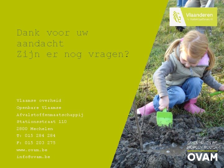 Dank voor uw aandacht Zijn er nog vragen? Vlaamse overheid Openbare Vlaamse Afvalstoffenmaatschappij Stationsstraat