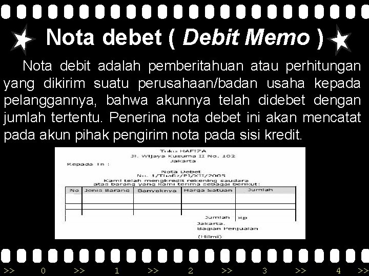 Nota debet ( Debit Memo ) Nota debit adalah pemberitahuan atau perhitungan yang dikirim