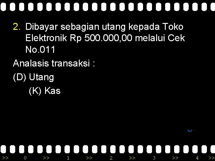 2. Dibayar sebagian utang kepada Toko Elektronik Rp 500. 000, 00 melalui Cek No.