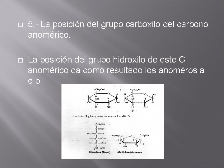  5. - La posición del grupo carboxilo del carbono anomérico. La posición del