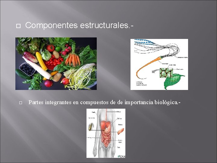  Componentes estructurales. - Partes integrantes en compuestos de de importancia biológica. - 