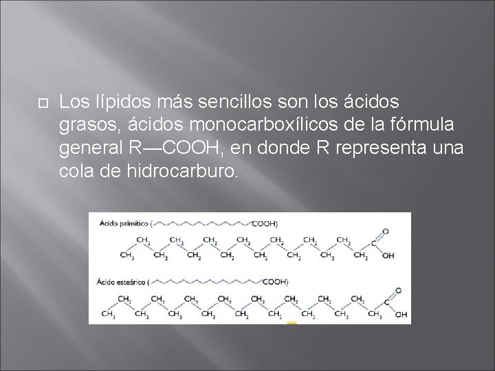  Los lípidos más sencillos son los ácidos grasos, ácidos monocarboxílicos de la fórmula