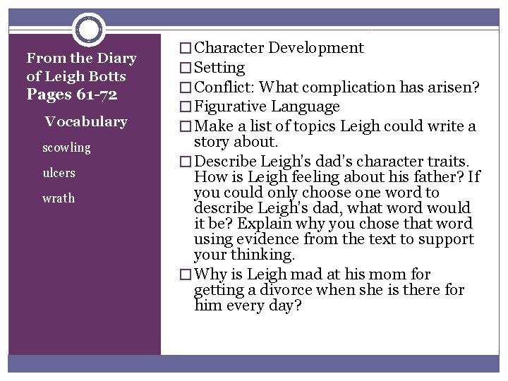 From the Diary of Leigh Botts Pages 61 -72 Vocabulary u scowling u ulcers