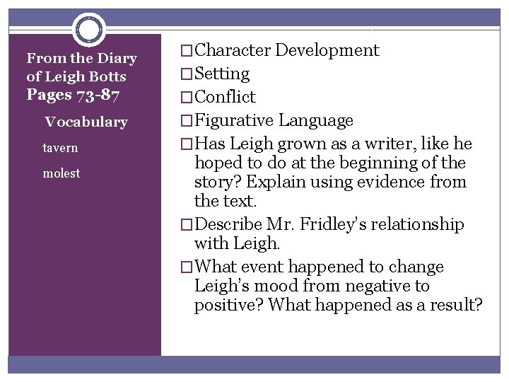 From the Diary of Leigh Botts Pages 73 -87 Vocabulary u tavern u molest