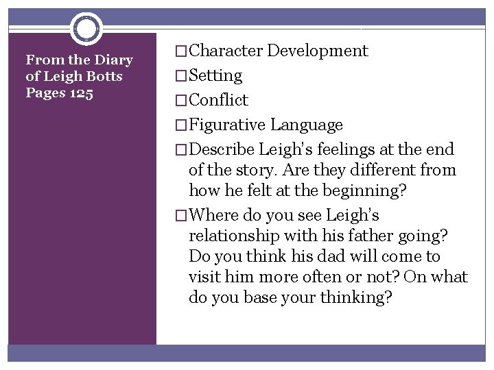 From the Diary of Leigh Botts Pages 125 �Character Development �Setting �Conflict �Figurative Language