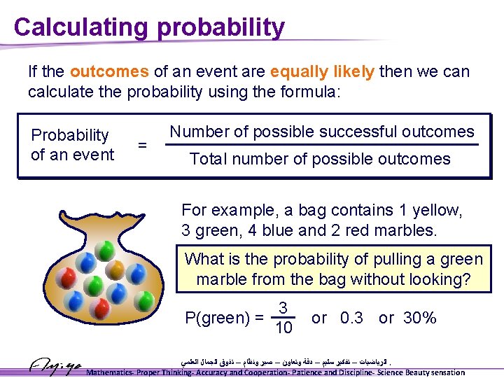 Calculating probability If the outcomes of an event are equally likely then we can