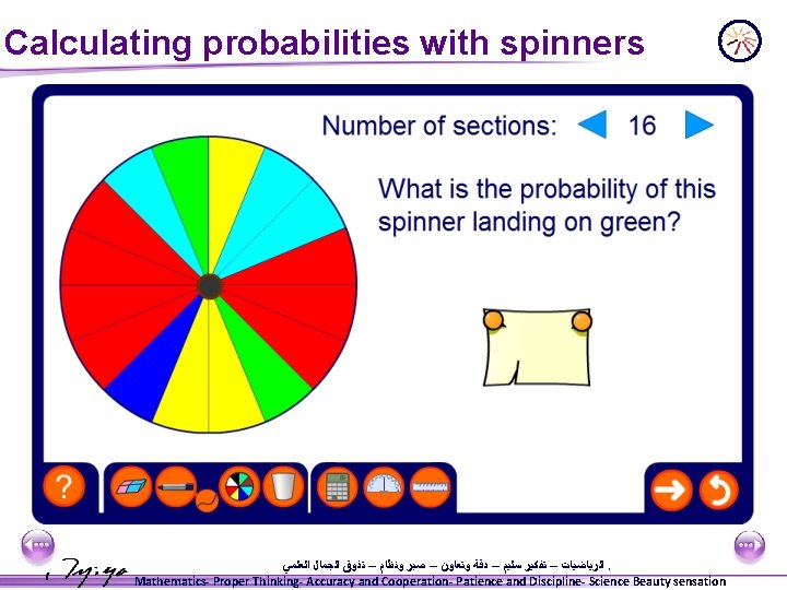 Calculating probabilities with spinners ﺍﻟﺮﻳﺎﺿﻴﺎﺕ – ﺗﻔﻜﻴﺮ ﺳﻠﻴﻢ – ﺩﻗﺔ ﻭﺗﻌﺎﻭﻥ – ﺻﺒﺮ ﻭﻧﻈﺎﻡ