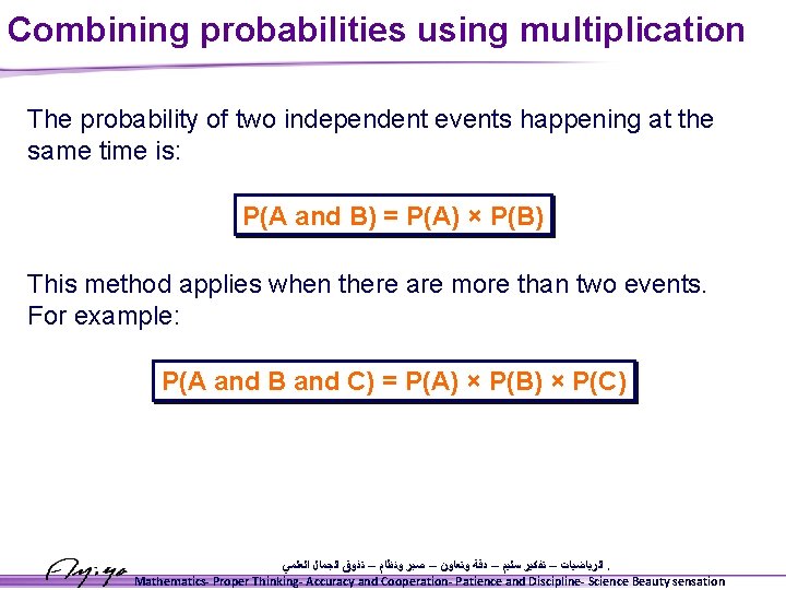 Combining probabilities using multiplication The probability of two independent events happening at the same