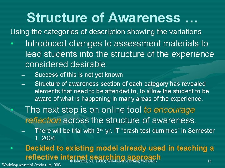 Structure of Awareness … Using the categories of description showing the variations • Introduced