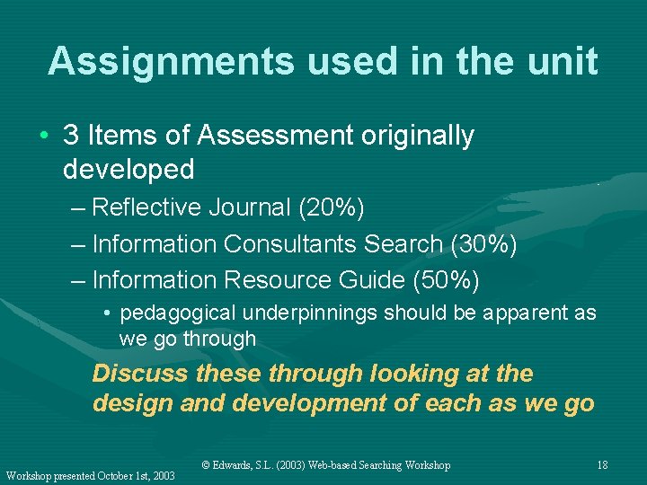 Assignments used in the unit • 3 Items of Assessment originally developed – Reflective