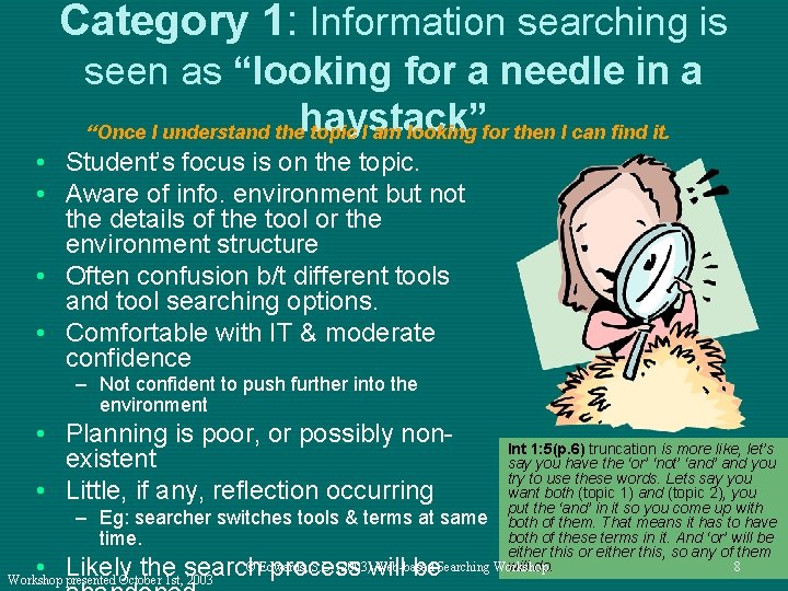 Category 1: Information searching is seen as “looking for a needle in a “Once