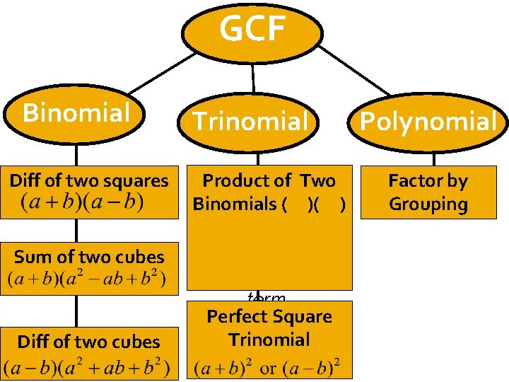 GCF Binomial Diff of two squares Sum of two cubes Diff of two cubes