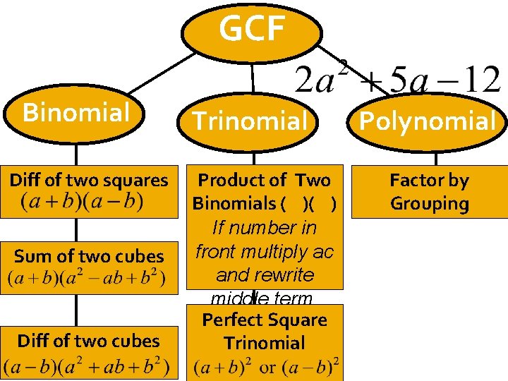 GCF Binomial Diff of two squares Sum of two cubes Diff of two cubes