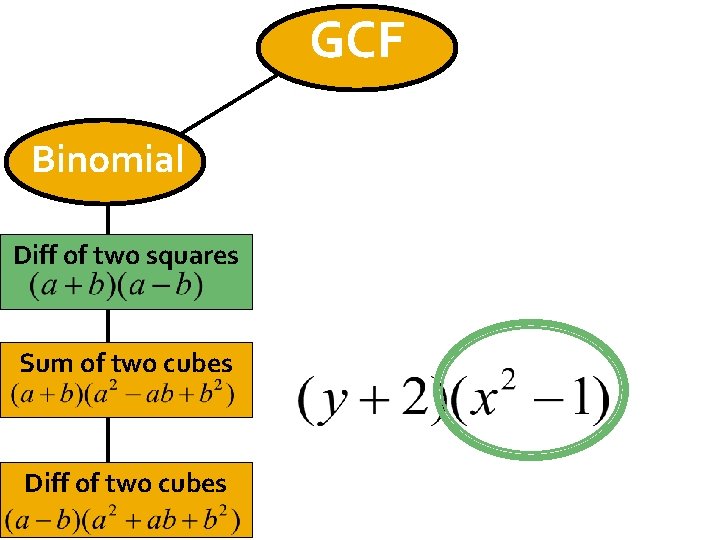 GCF Binomial Diff of two squares Sum of two cubes Diff of two cubes