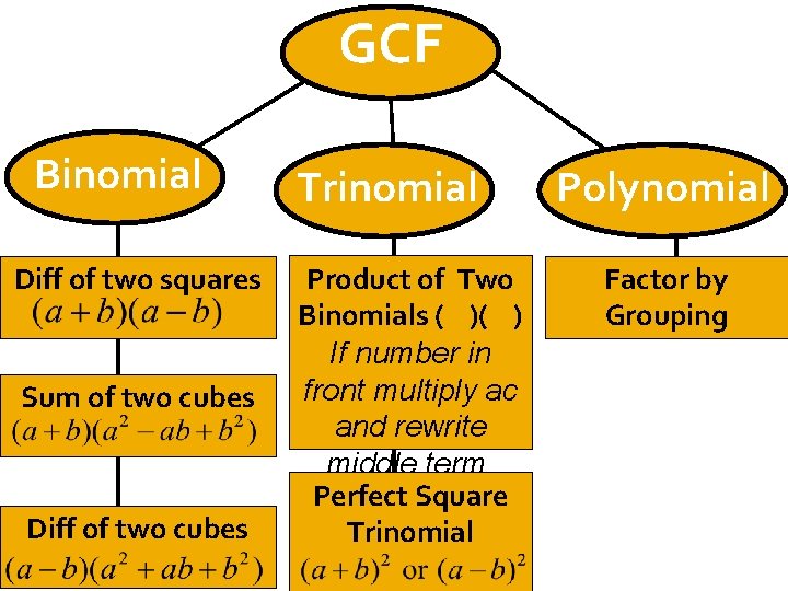 GCF Binomial Diff of two squares Sum of two cubes Diff of two cubes