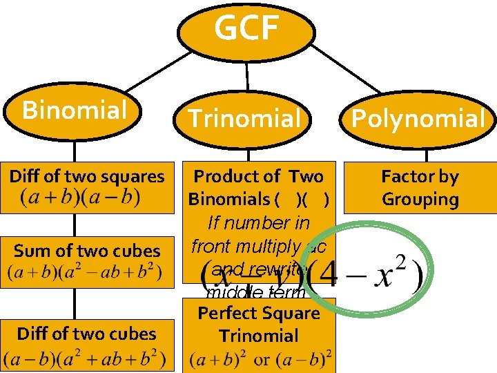 GCF Binomial Diff of two squares Sum of two cubes Diff of two cubes