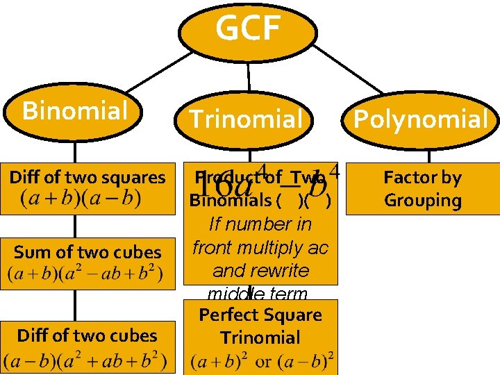 GCF Binomial Diff of two squares Sum of two cubes Diff of two cubes