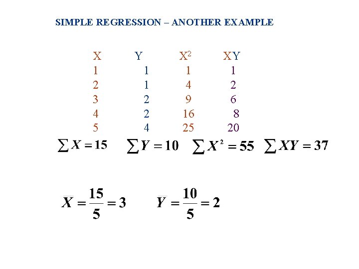 SIMPLE REGRESSION – ANOTHER EXAMPLE X 1 2 3 4 5 Y 1 1