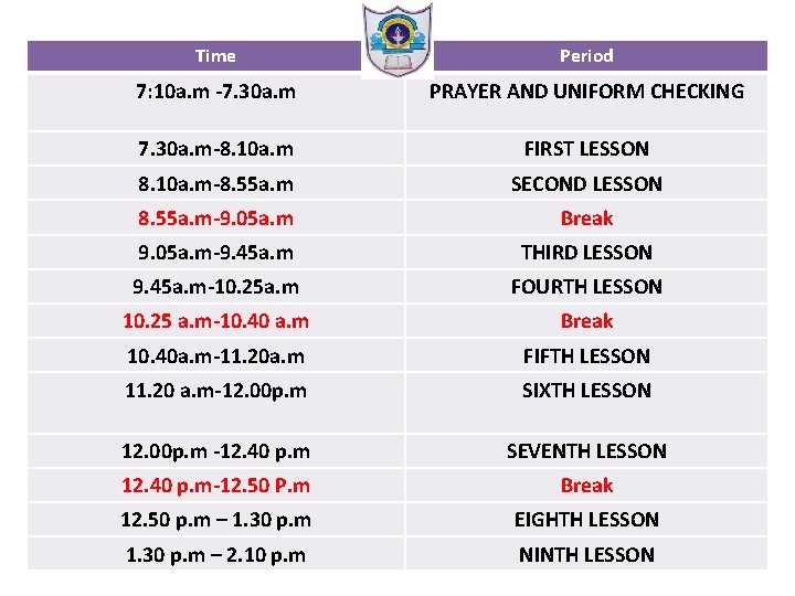 Time Period 7: 10 a. m -7. 30 a. m PRAYER AND UNIFORM CHECKING