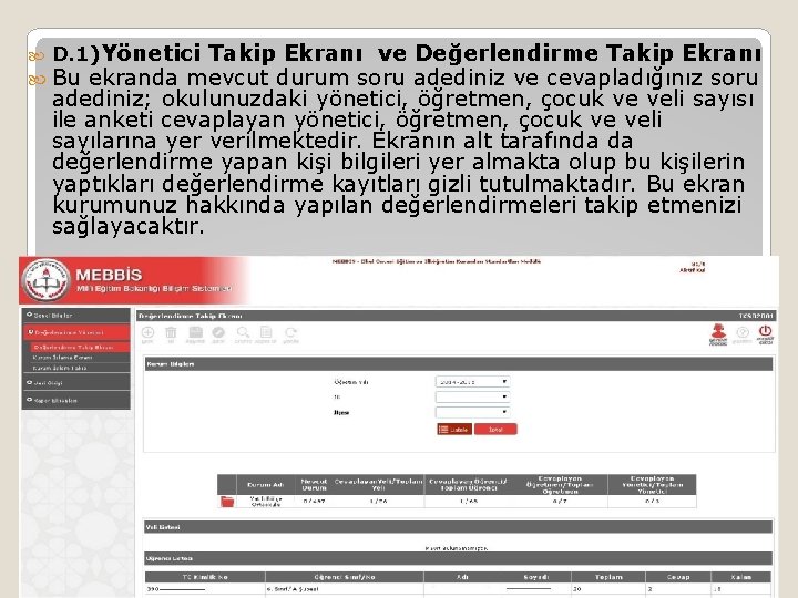  D. 1)Yönetici Takip Ekranı ve Değerlendirme Takip Ekranı Bu ekranda mevcut durum soru