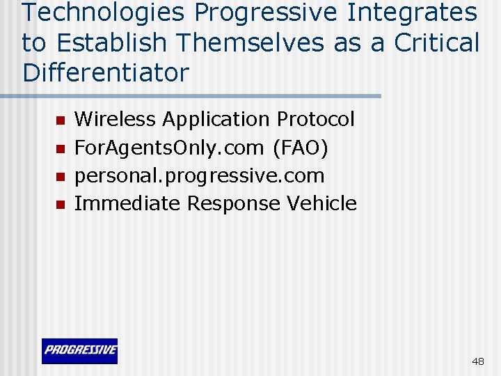 Technologies Progressive Integrates to Establish Themselves as a Critical Differentiator n n Wireless Application