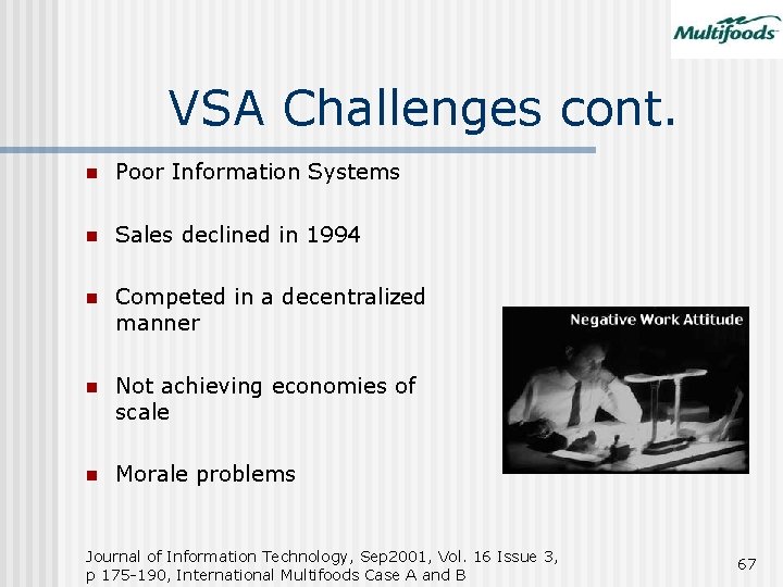 VSA Challenges cont. n Poor Information Systems n Sales declined in 1994 n Competed