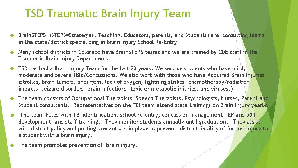 TSD Traumatic Brain Injury Team Brain. STEPS (STEPS=Strategies, Teaching, Educators, parents, and Students) are