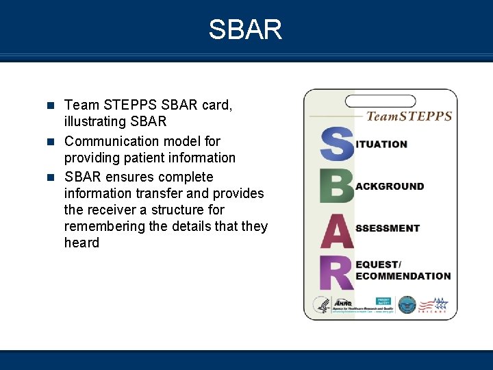 SBAR n Team STEPPS SBAR card, illustrating SBAR n Communication model for providing patient