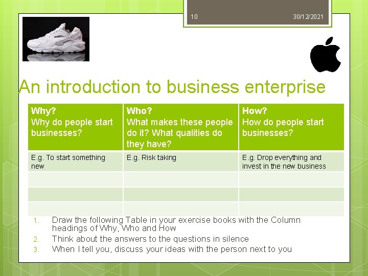 10 30/12/2021 An introduction to business enterprise Why? Why do people start businesses? Who?