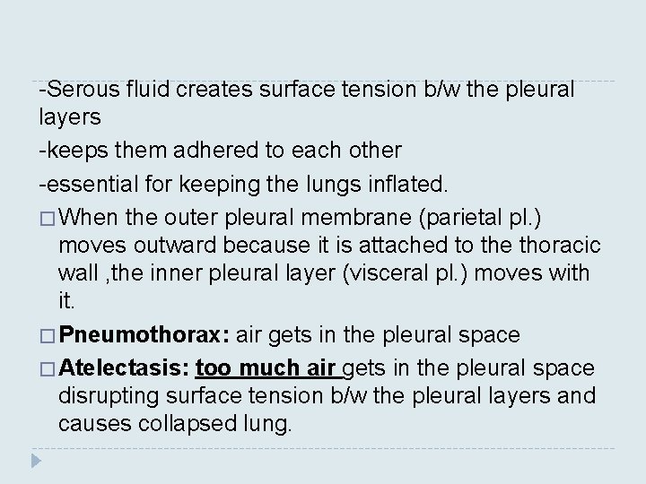 -Serous fluid creates surface tension b/w the pleural layers -keeps them adhered to each