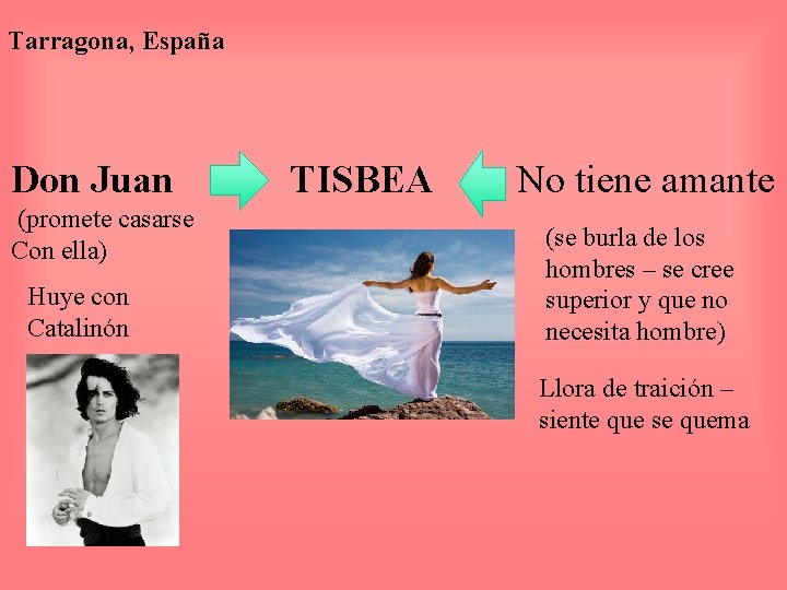 Tarragona, España Don Juan (promete casarse Con ella) Huye con Catalinón TISBEA No tiene