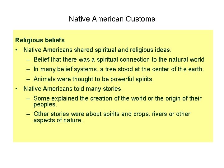Native American Customs Religious beliefs • Native Americans shared spiritual and religious ideas. –