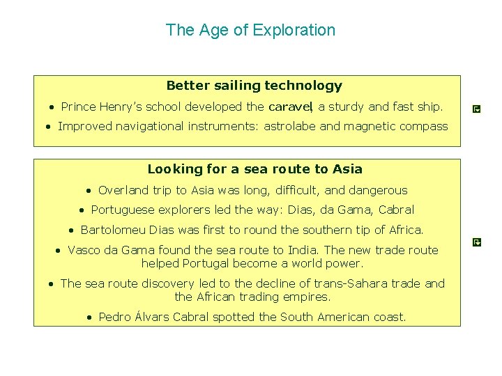 The Age of Exploration Better sailing technology • Prince Henry’s school developed the caravel,
