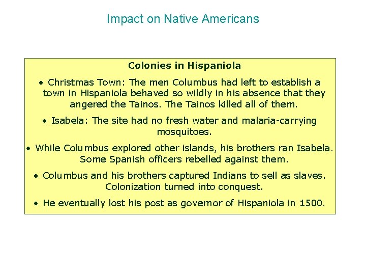 Impact on Native Americans Colonies in Hispaniola • Christmas Town: The men Columbus had