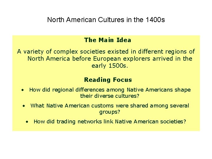 North American Cultures in the 1400 s The Main Idea A variety of complex