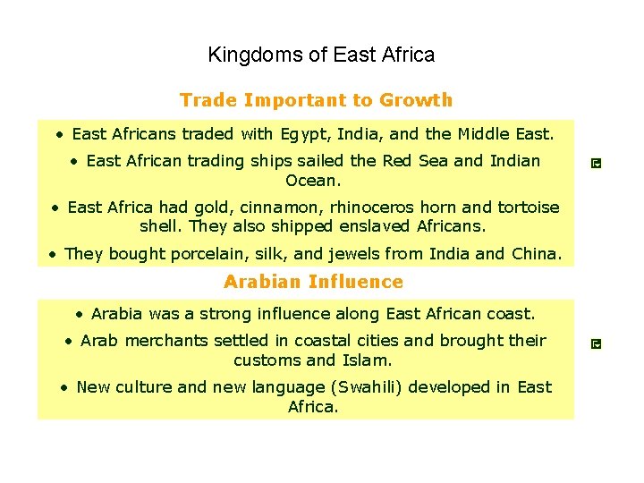 Kingdoms of East Africa Trade Important to Growth • East Africans traded with Egypt,