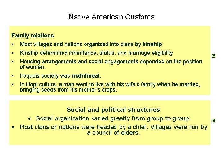 Native American Customs Family relations • Most villages and nations organized into clans by