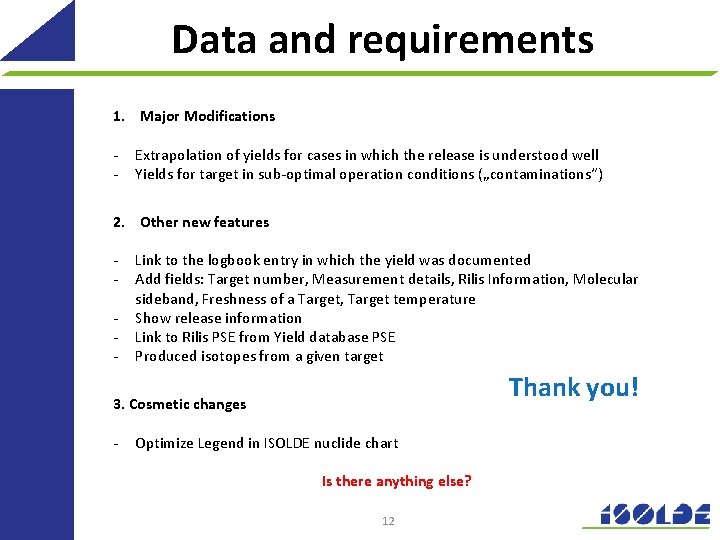 Data and requirements 1. Major Modifications - Extrapolation of yields for cases in which