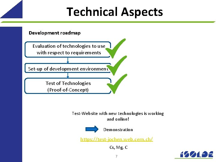 Technical Aspects Development roadmap Evaluation of technologies to use with respect to requirements Set-up