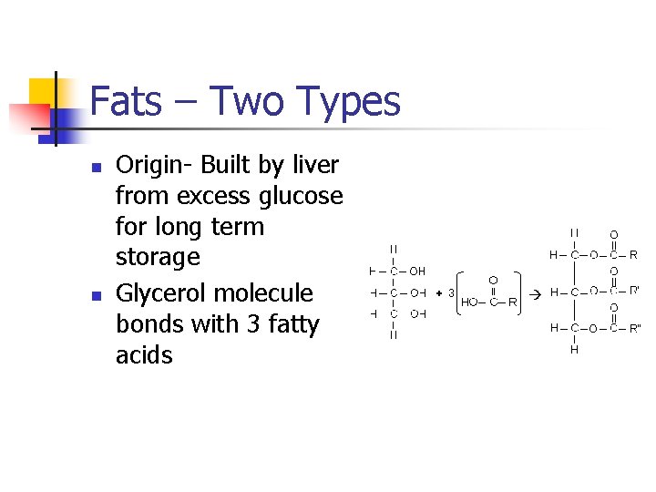 Fats – Two Types n n Origin- Built by liver from excess glucose for