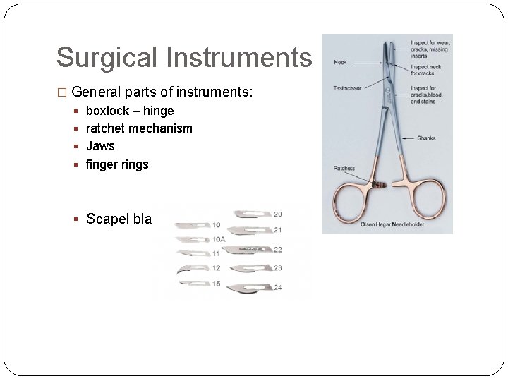 Surgical Instruments � General parts of instruments: § boxlock – hinge § ratchet mechanism
