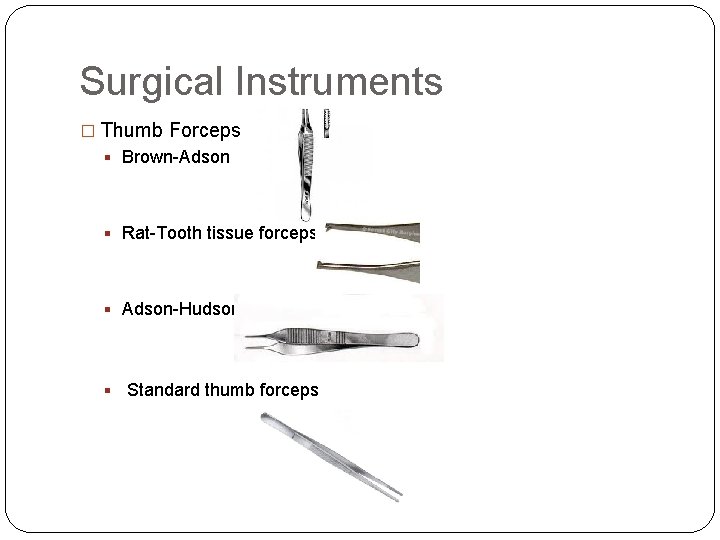 Surgical Instruments � Thumb Forceps § Brown-Adson § Rat-Tooth tissue forceps § Adson-Hudson §