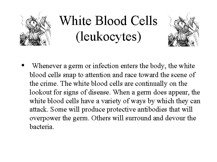 White Blood Cells (leukocytes) • Whenever a germ or infection enters the body, the