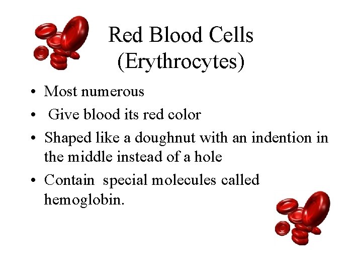 Red Blood Cells (Erythrocytes) • Most numerous • Give blood its red color •