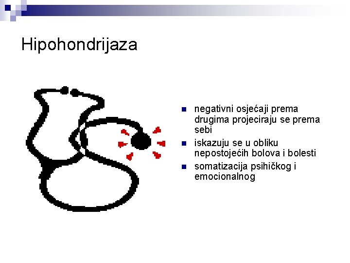 Hipohondrijaza n negativni osjećaji prema drugima projeciraju se prema sebi iskazuju se u obliku