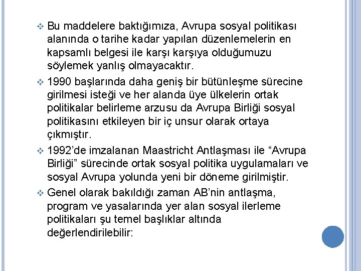 Bu maddelere baktığımıza, Avrupa sosyal politikası alanında o tarihe kadar yapılan düzenlemelerin en kapsamlı