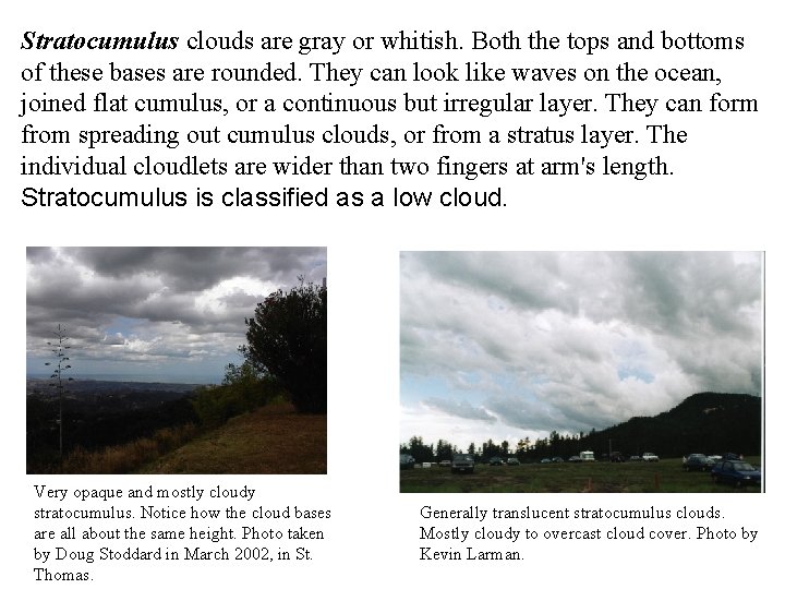 Stratocumulus clouds are gray or whitish. Both the tops and bottoms of these bases