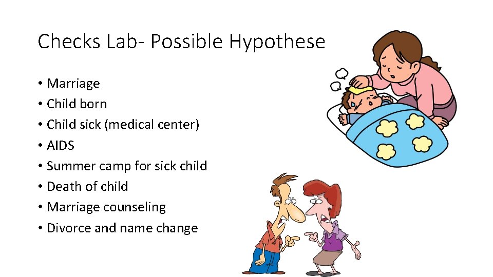 Checks Lab- Possible Hypotheses • Marriage • Child born • Child sick (medical center) Checks Lab- Possible Hypotheses • Marriage • Child born • Child sick (medical center)