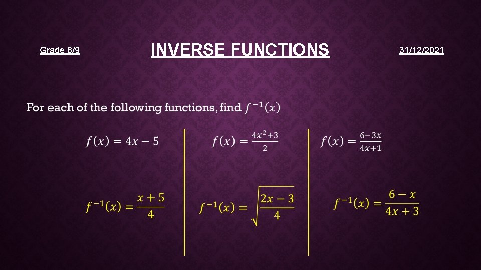Grade 8/9 INVERSE FUNCTIONS 31/12/2021 