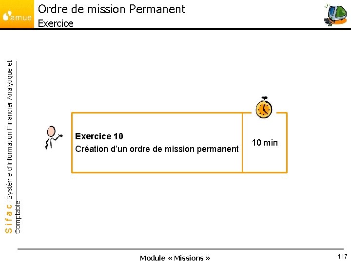 Ordre de mission Permanent Exercice 10 Création d’un ordre de mission permanent 10 min